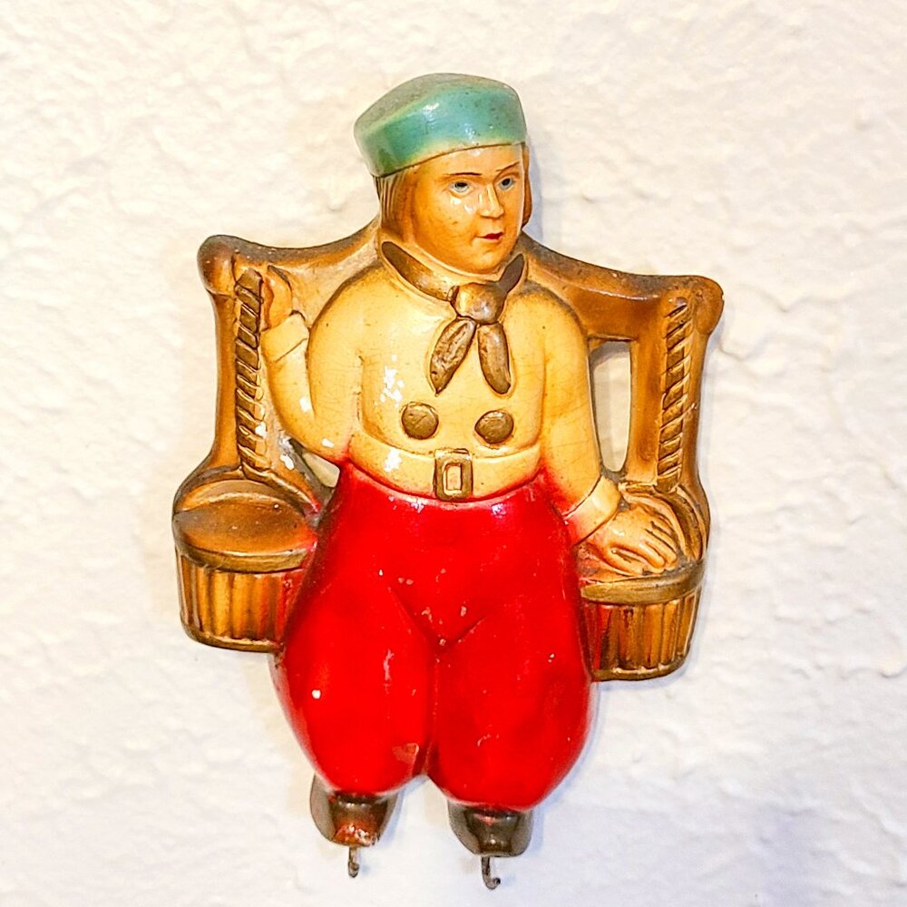 Vintage Dutch Boy Chalkware Wall Hanging with Hooks for Hot Pads, Towels or Keys